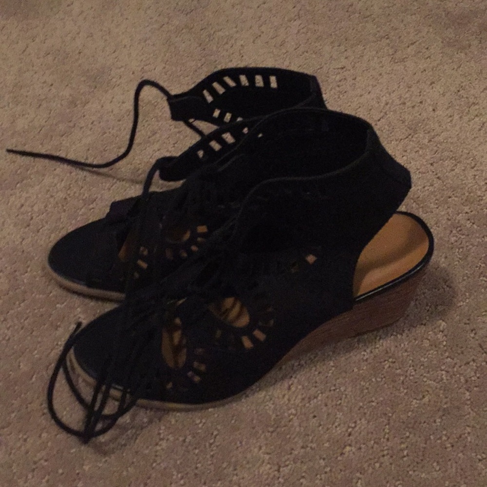 Black lace up wedges